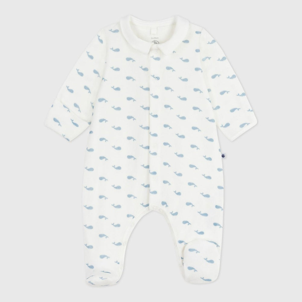 Petit Bateau Fluwelen Baby Pyjama Met Kraag En Walvisprint