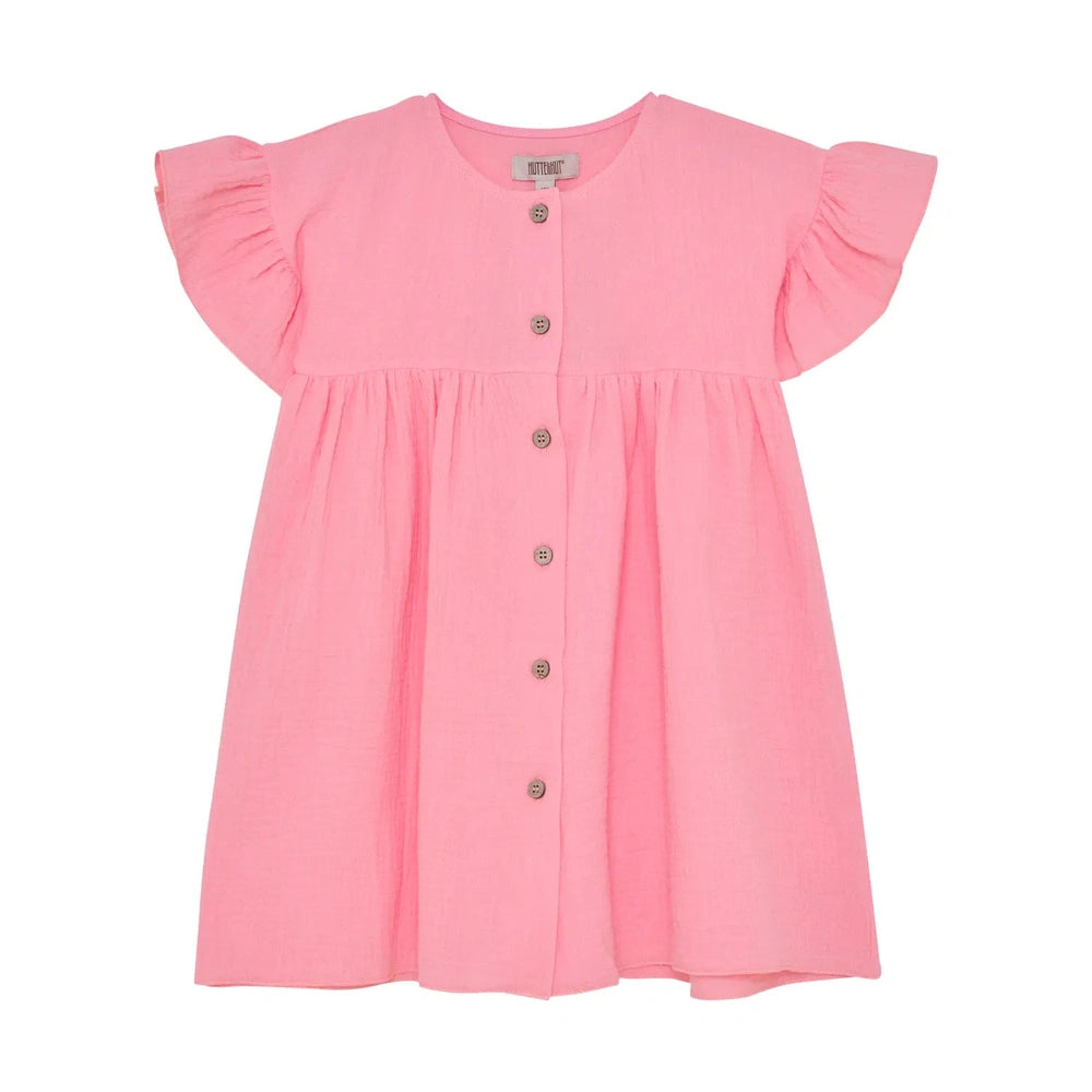 Huttelihut Muslin Jurk met Korte Mouwen – Luchtige Kinderjurk – Pink