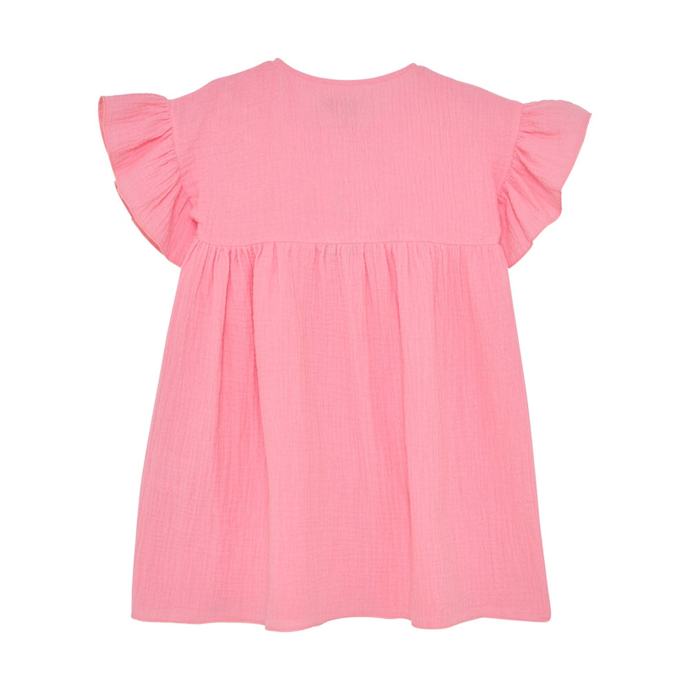 Huttelihut Muslin Jurk met Korte Mouwen – Luchtige Kinderjurk – Pink