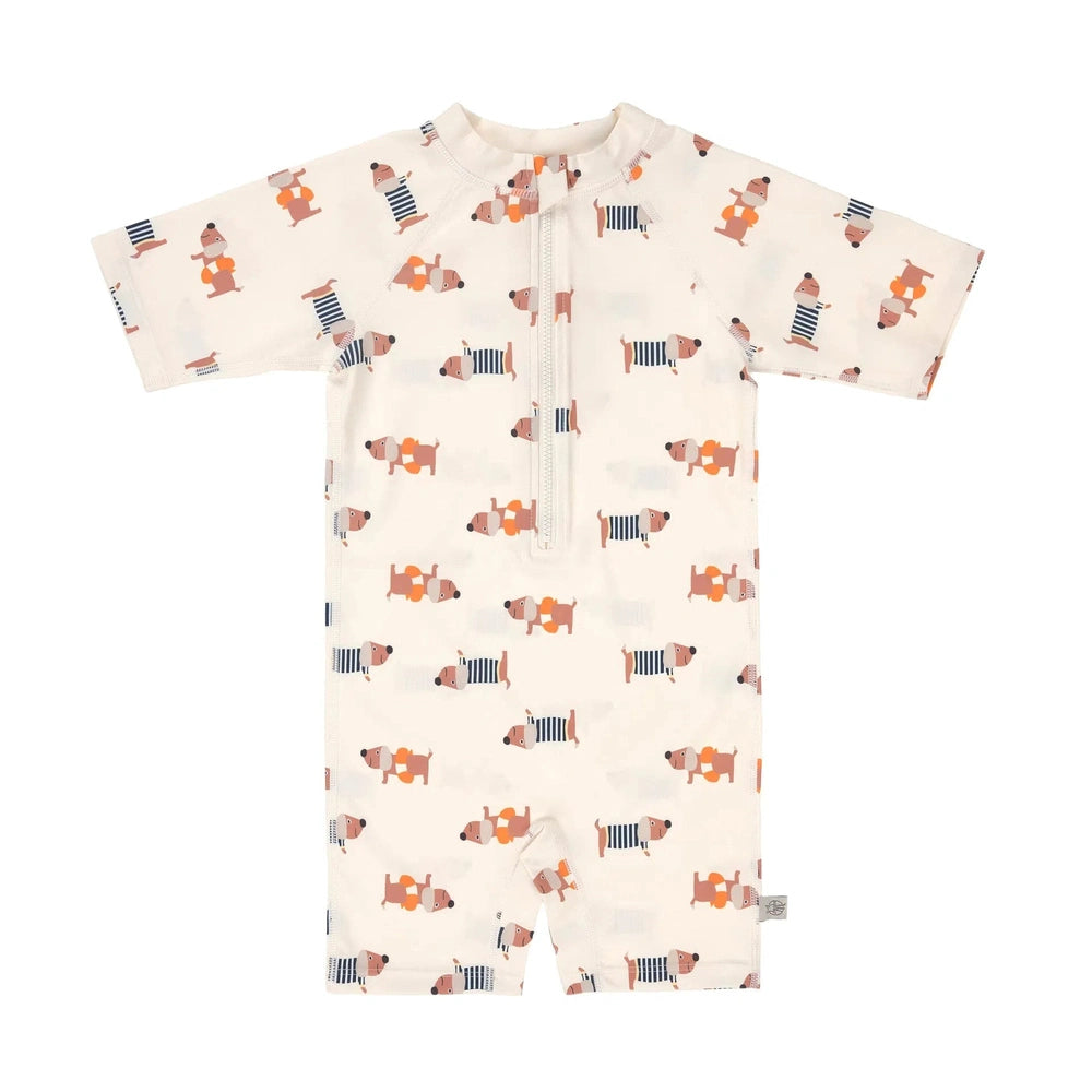 Maillot de bain enfant décontracté à manches courtes, protection UV - beige à imprimé chiots