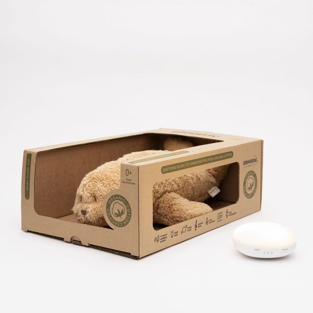 Moonie Knuffel - The Humming Seal Organic 2.0 - Cappuccino Natur  | Witte Ruis Zeehond Met Lichtje