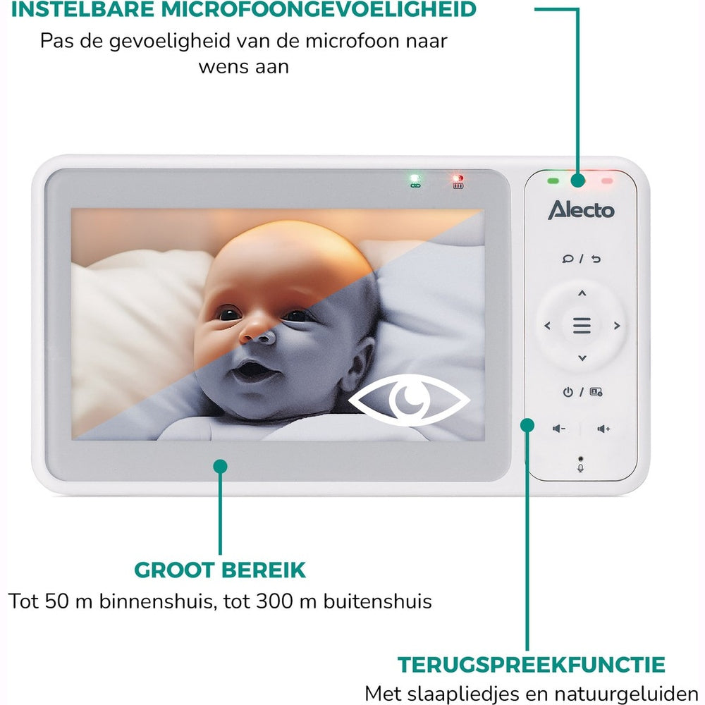 Babyphone Alecto avec caméra - Pro Collection - caméra HD - grand écran 5 pouces - télécommandé - extensible jusqu’à 4 caméras - veilleuse - DVM2050 - Blanc