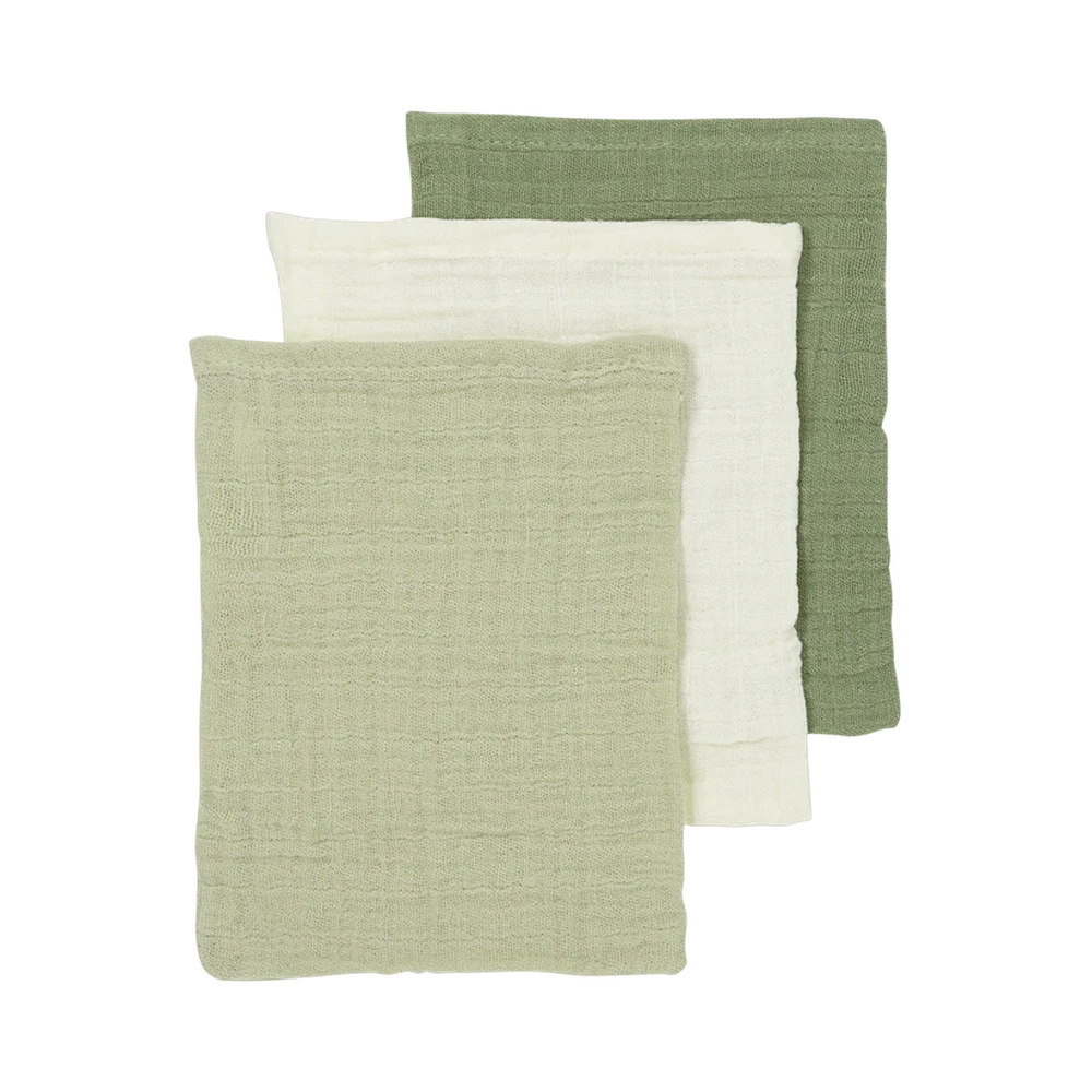 Meyco Hydrofiele Washandje pre-washed 3-pack - Natural/Soft Olive/Olive Green