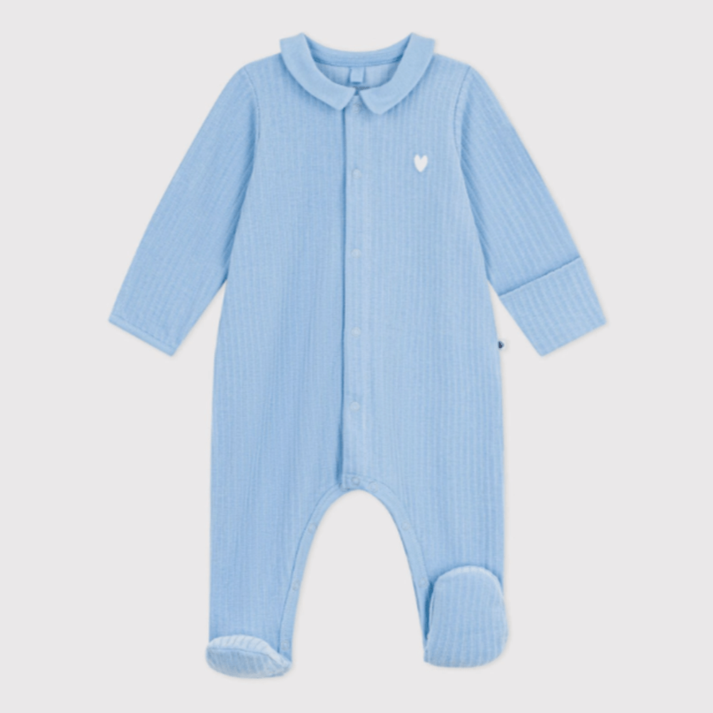 Petit Bateau Fluwelen babypyjama met effen kraag - Blauw