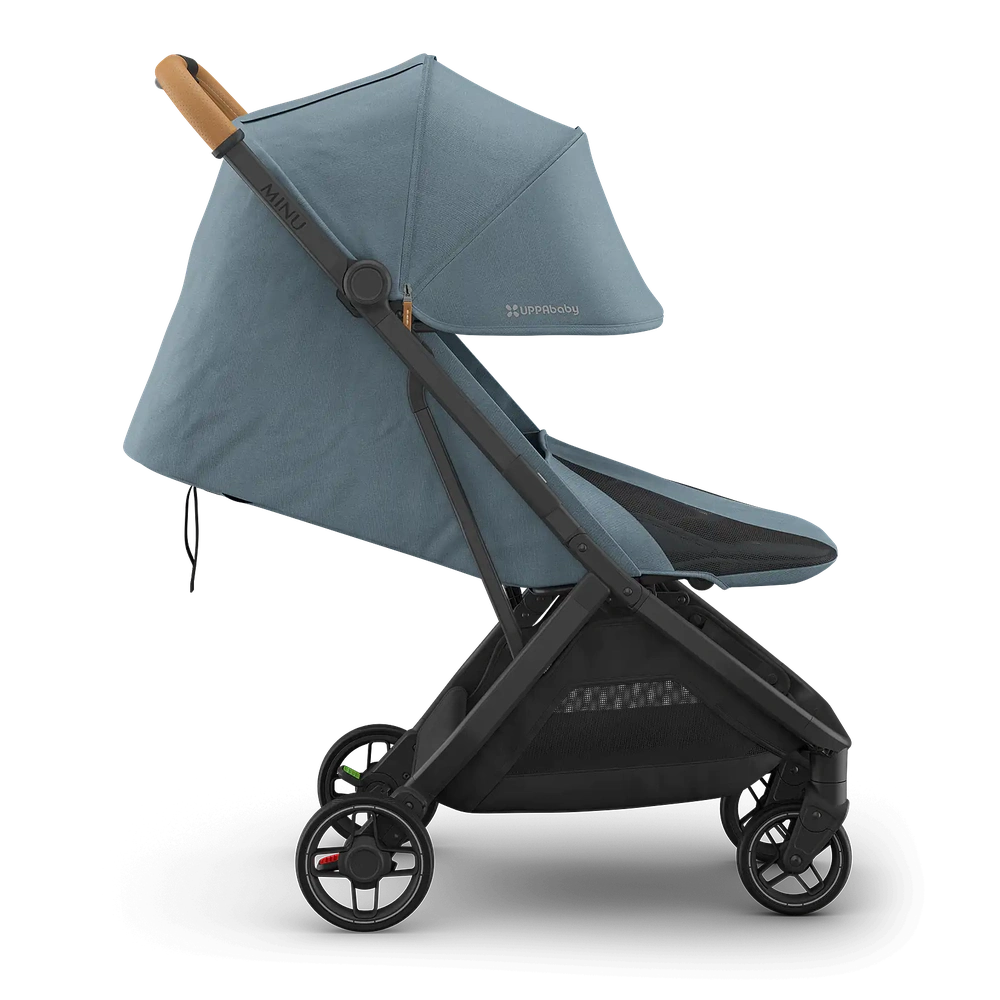 Poussette compacte Uppababy Minu V3 Dillan Stone Blue avec cadre carbone et cuir brun sable