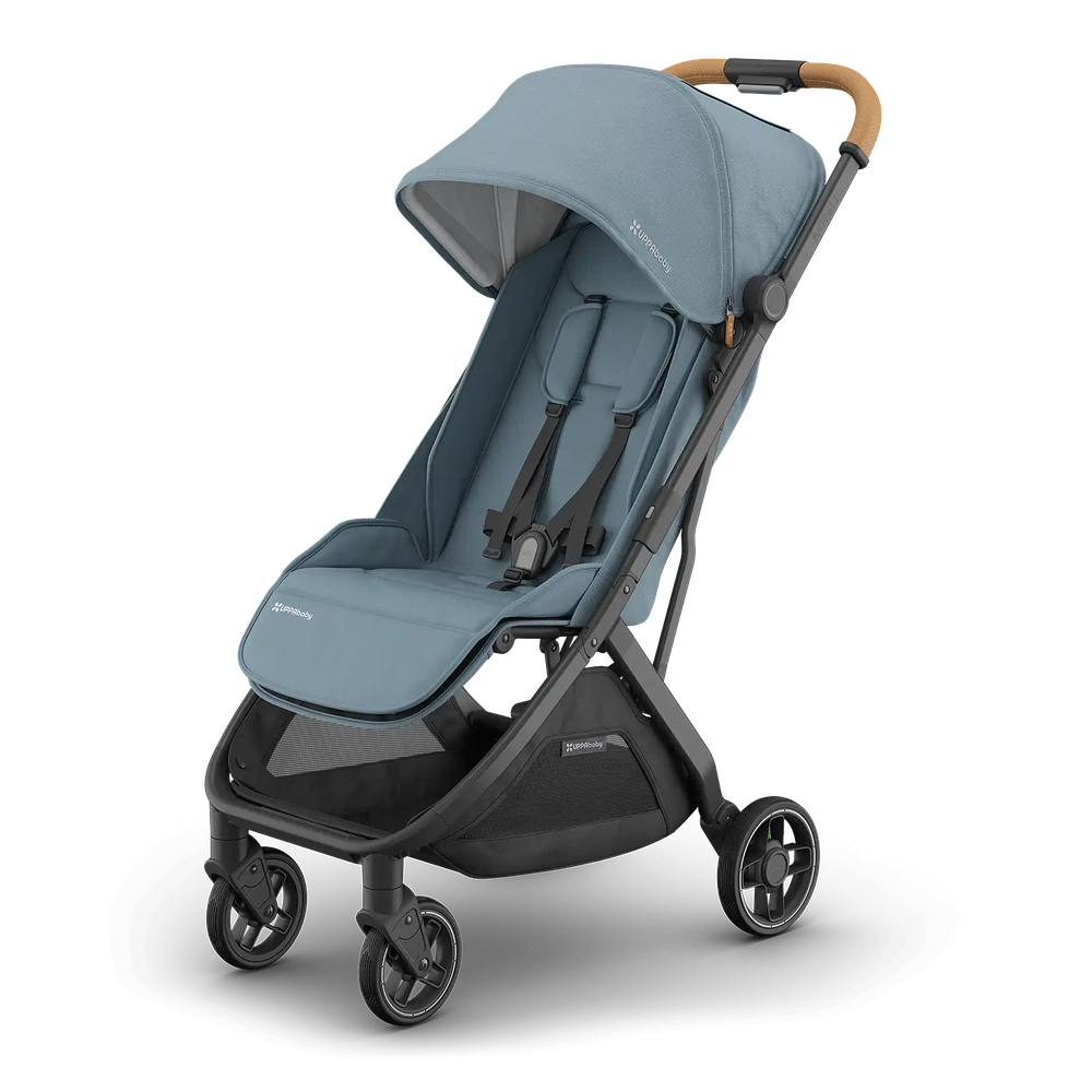 Uppababy Minu V3 poussette compacte Dillan Stone Blue, châssis en carbone, avec cuir brun sable