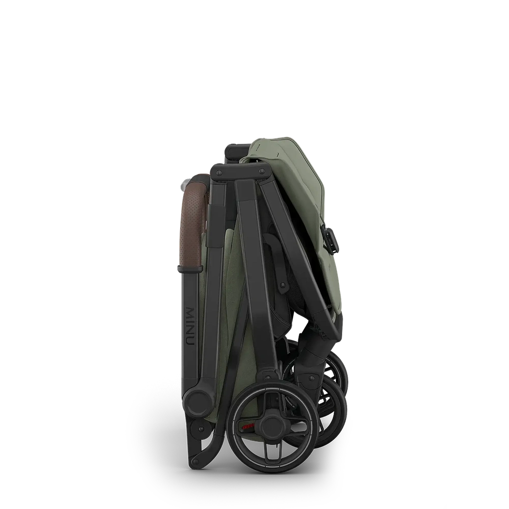 Poussette compacte Uppababy Minu V3 Evelyn Meadow Green avec châssis en carbone et cuir brun châtaigne