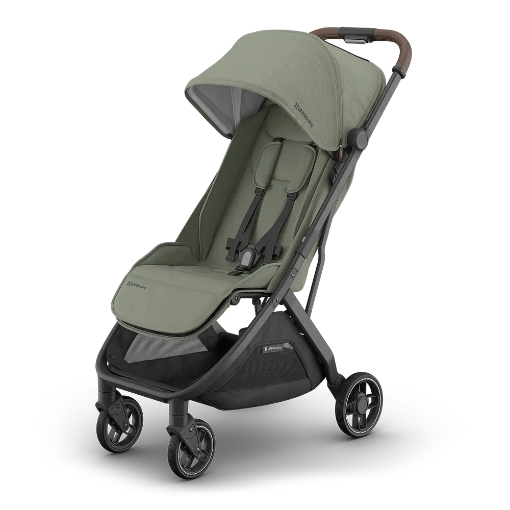 Poussette compacte Uppababy Minu V3 Evelyn Meadow Green avec cadre en carbone et cuir brun châtaigne