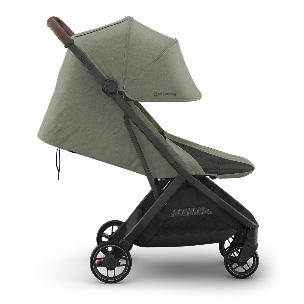 Uppababy Minu V3 Compact Stroller Evelyn Meadow Green Carbon Frame Met Kastanje Bruin Leer