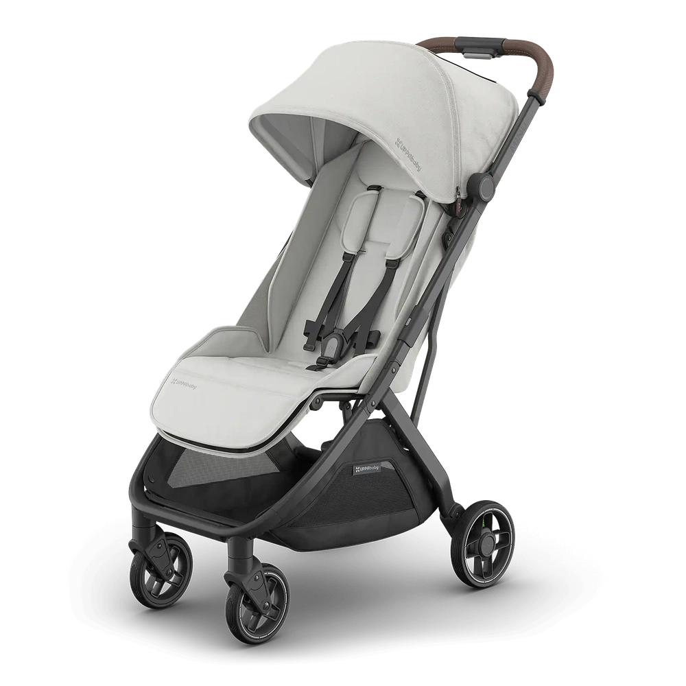Poussette compacte Uppababy Minu V3 Savannah, gris perle, jacquard, cadre carbone avec cuir marron châtaigne
