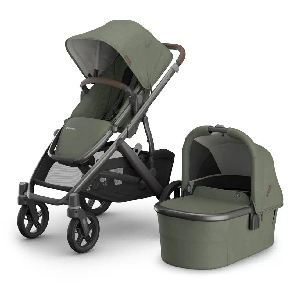 Uppababy Vista V3 poussette Evelyn - Vert Meadow - Châssis graphite avec cuir marron châtaigne