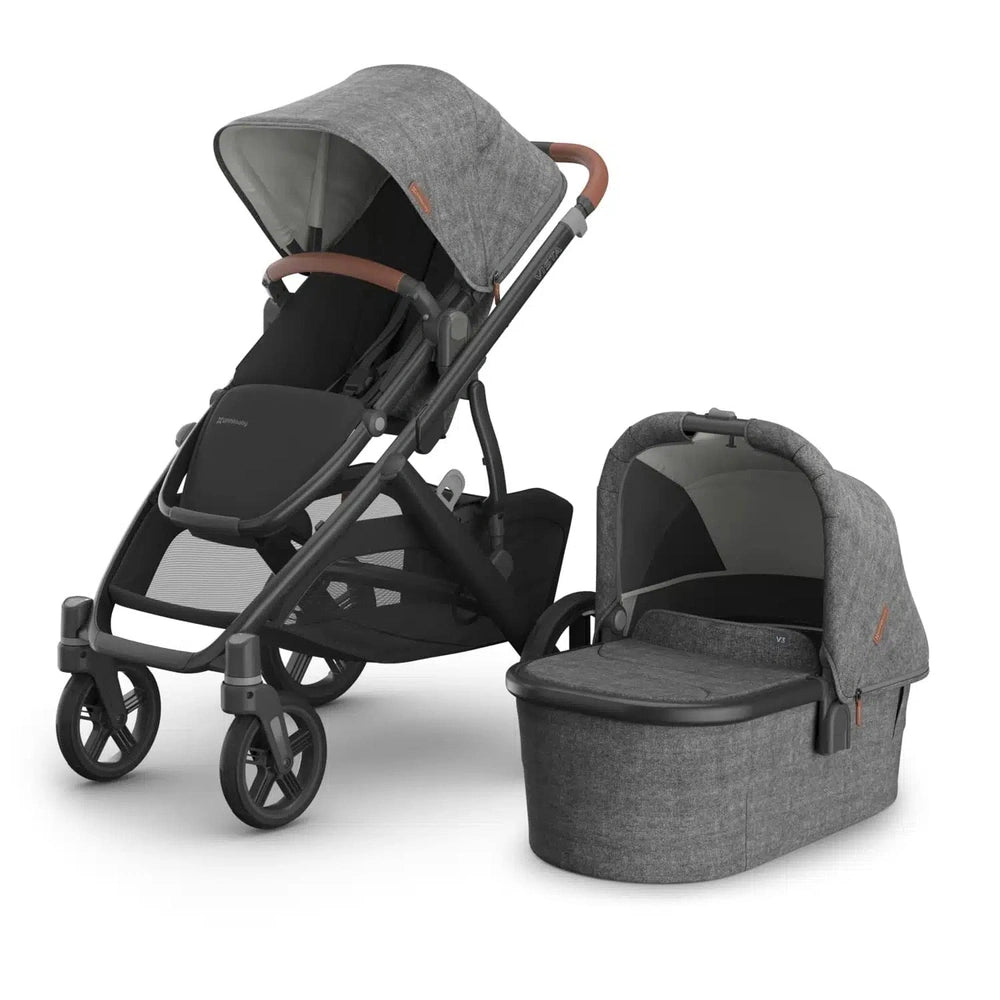 Uppababy Vista V3 Kinderwagen Greyson - Charcoal Mélange - Carbon Frame Met Bruin Leer