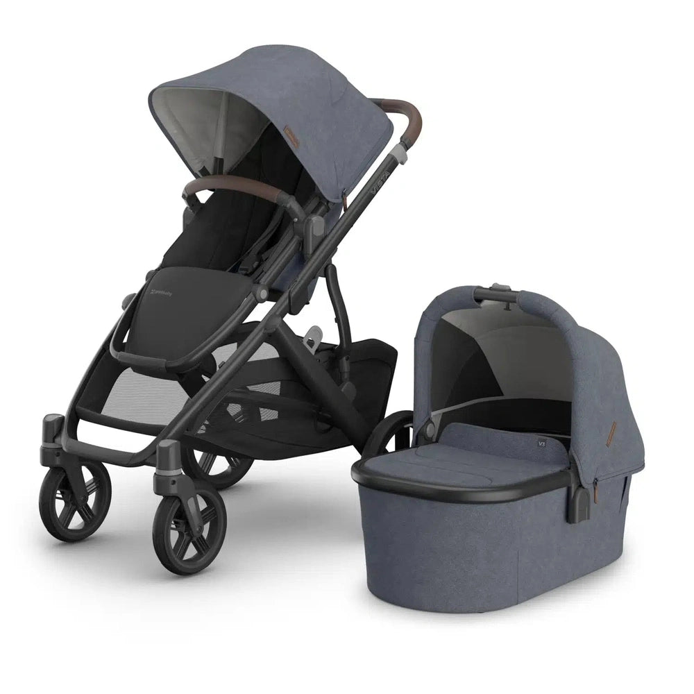 Uppababy Vista V3 Kinderwagen Julian - Dusty Blue Mélange - Carbon Frame Met Kastanje Bruin Leer