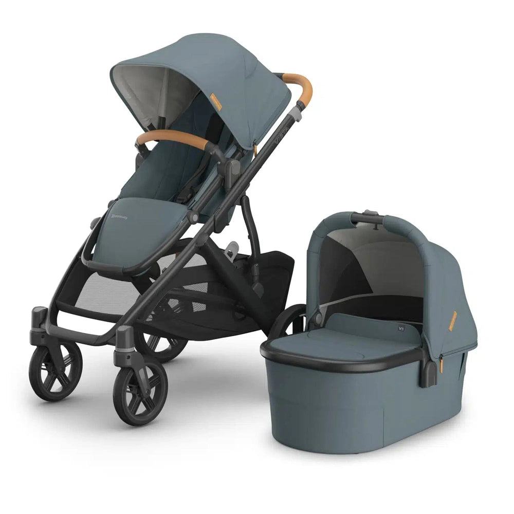 Uppababy Vista V3 poussette Dillan - Stone Blue - châssis carbone avec cuir marron sable