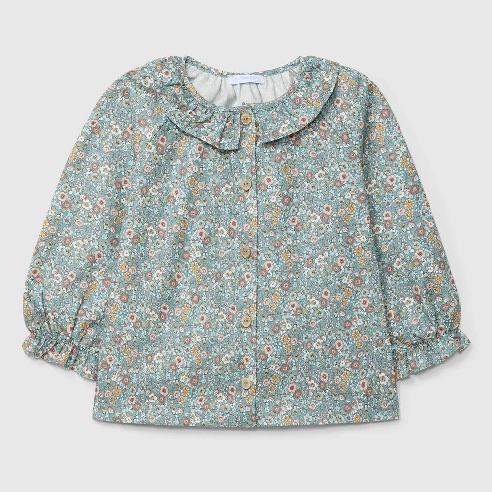 Laranjinha Bloemen Blouse Met Ruches Kraag - Petrolblauw