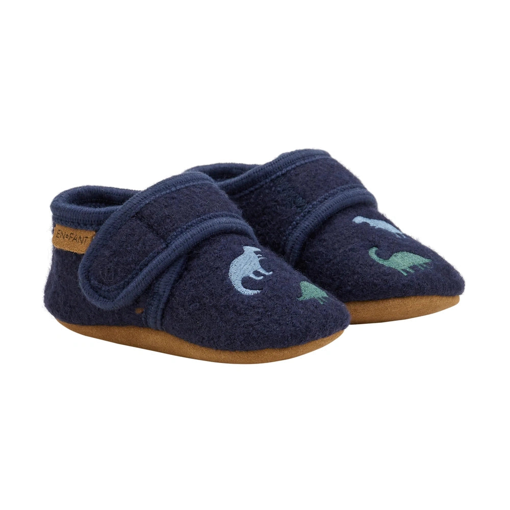 En Fant Wollen Slippers Met Borduurwerk - Navy