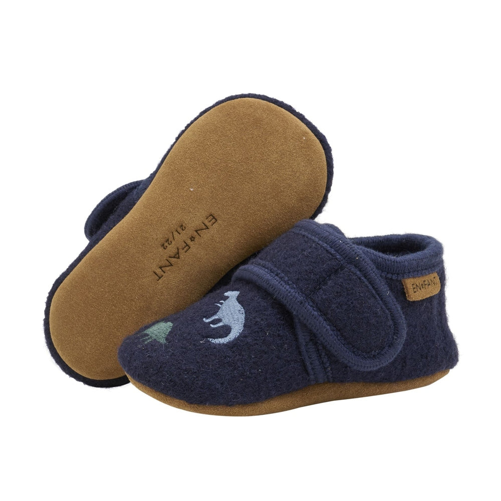 En Fant Wollen Slippers Met Borduurwerk - Navy