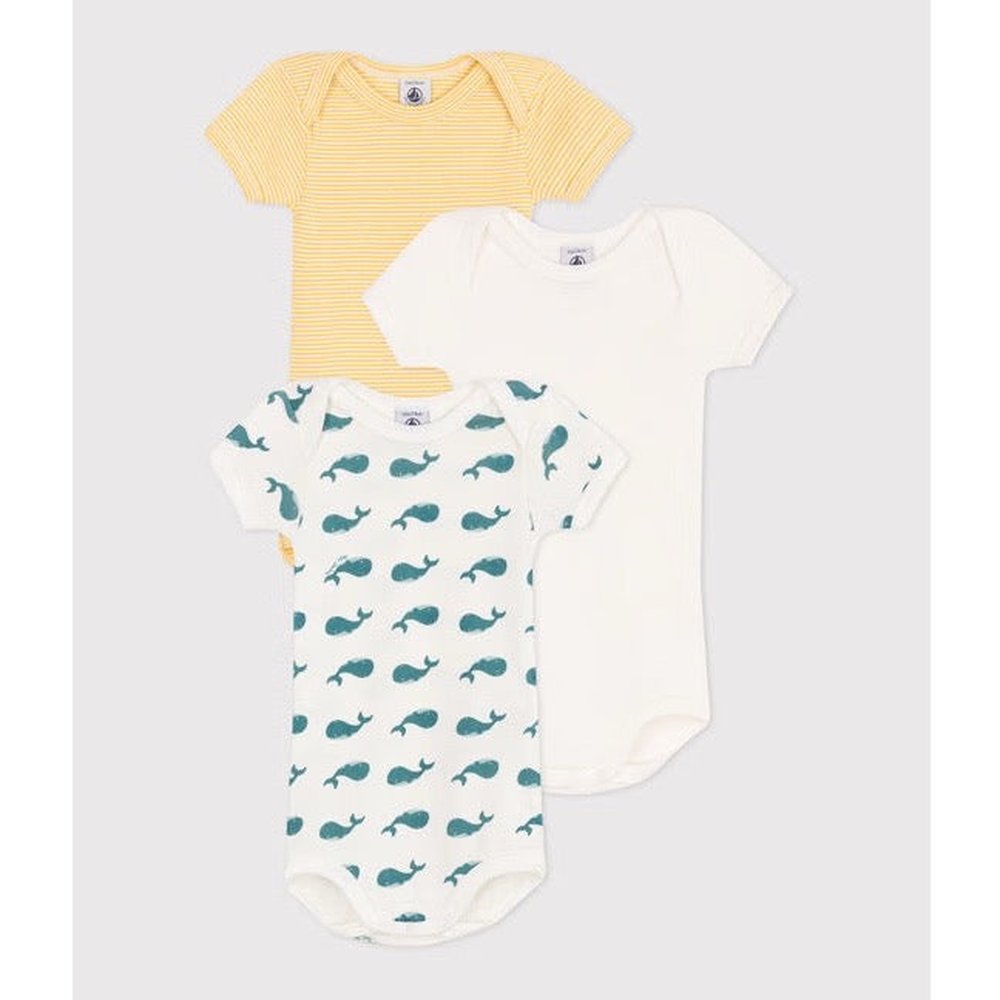 Petit Bateau Set van 3 Katoenen Rompertjes Korte Mouwen - Walvis/Geel/Groen