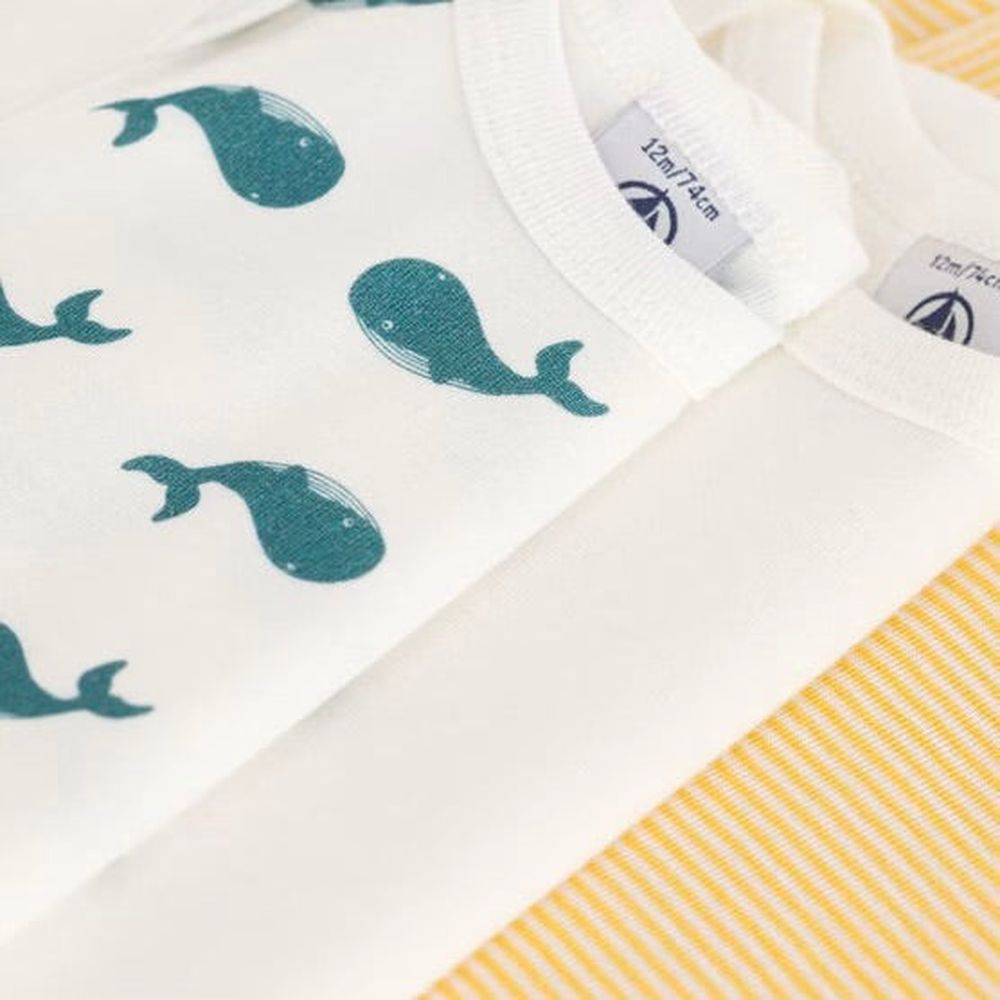 Petit Bateau Set van 3 Katoenen Rompertjes Korte Mouwen - Walvis/Geel/Groen