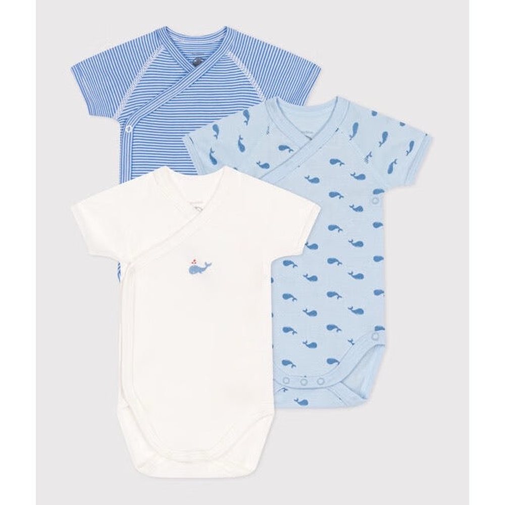 Petit Bateau Set van 3 Katoenen Rompertjes Korte Mouwen - Walvis/Blauw