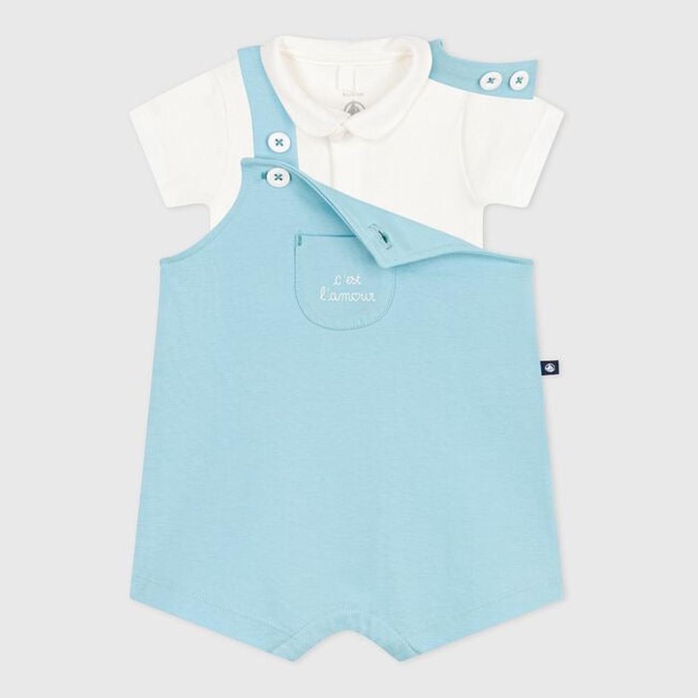 Petit Bateau Katoenen Geboortesetje Met Salopette En Body - Blauw/C’est l’amour